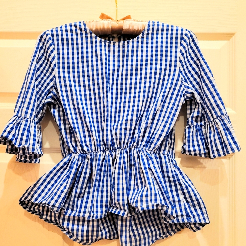 Who What Wear Women's Blue Gingham Boho Top Peasant Blouse Peplum - Sz XS (Sz 2)